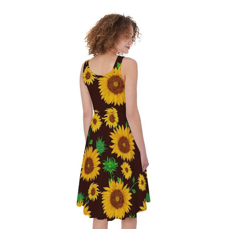 Brown Sunflower Pattern Print Sleeveless Knee Length Dress