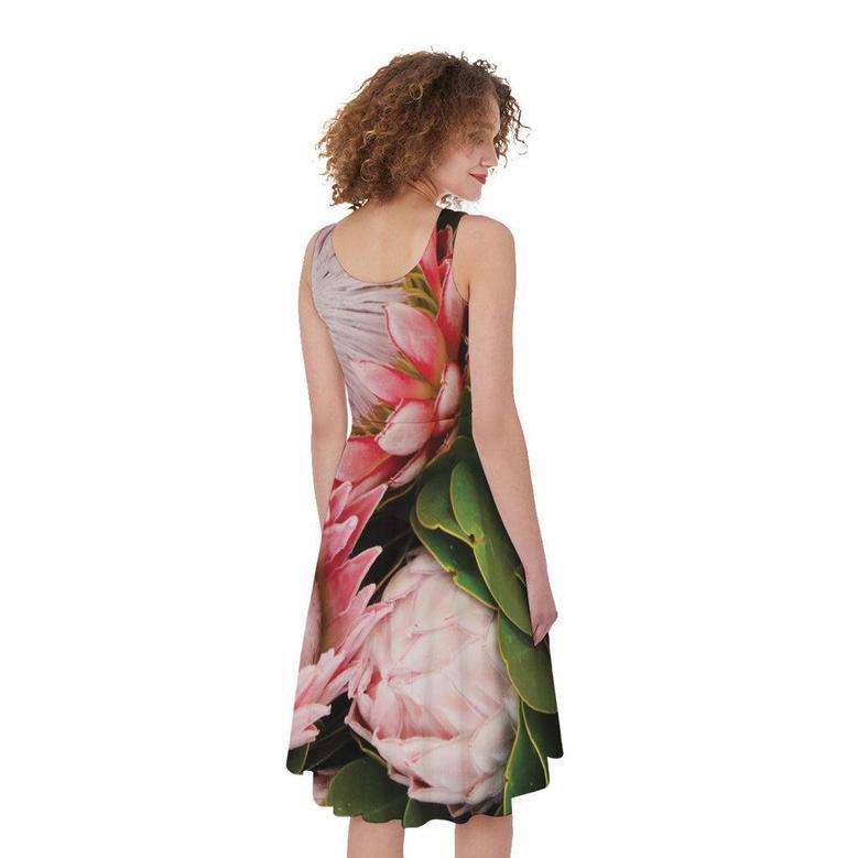 Bunches of Proteas Print Sleeveless Knee Length Dress