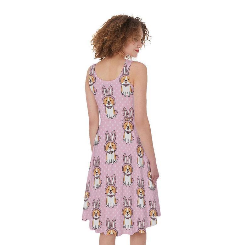 Bunny Corgi Pattern Print Sleeveless Knee Length Dress