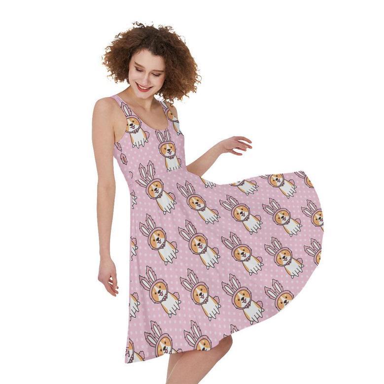 Bunny Corgi Pattern Print Sleeveless Knee Length Dress