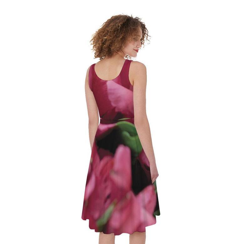 Burgundy Alstroemeria Print Sleeveless Knee Length Dress