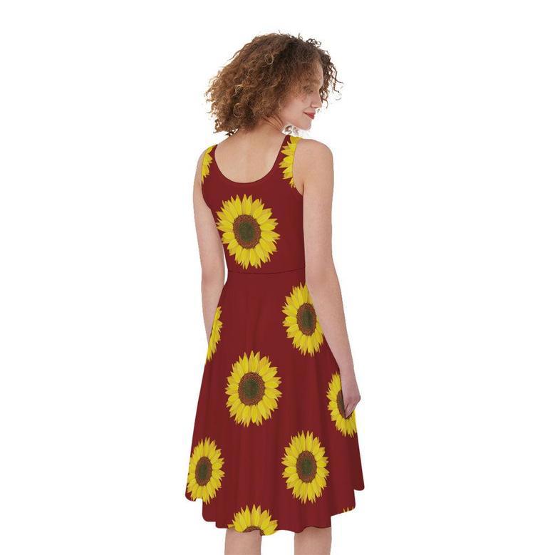 Burgundy Sunflower Pattern Print Sleeveless Knee Length Dress