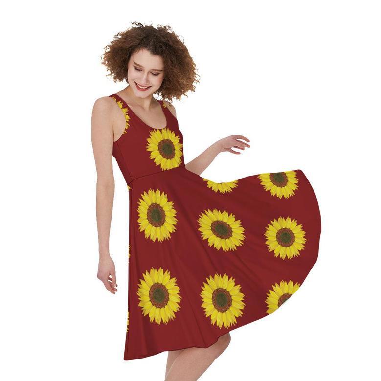 Burgundy Sunflower Pattern Print Sleeveless Knee Length Dress