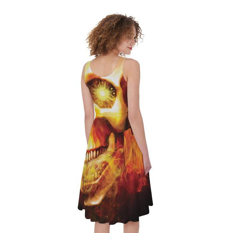 Burning Evil Skull Print Sleeveless Knee Length Dress