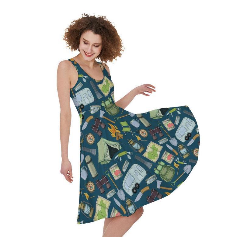 Camping Equipment Pattern Print Sleeveless Knee Length Dress