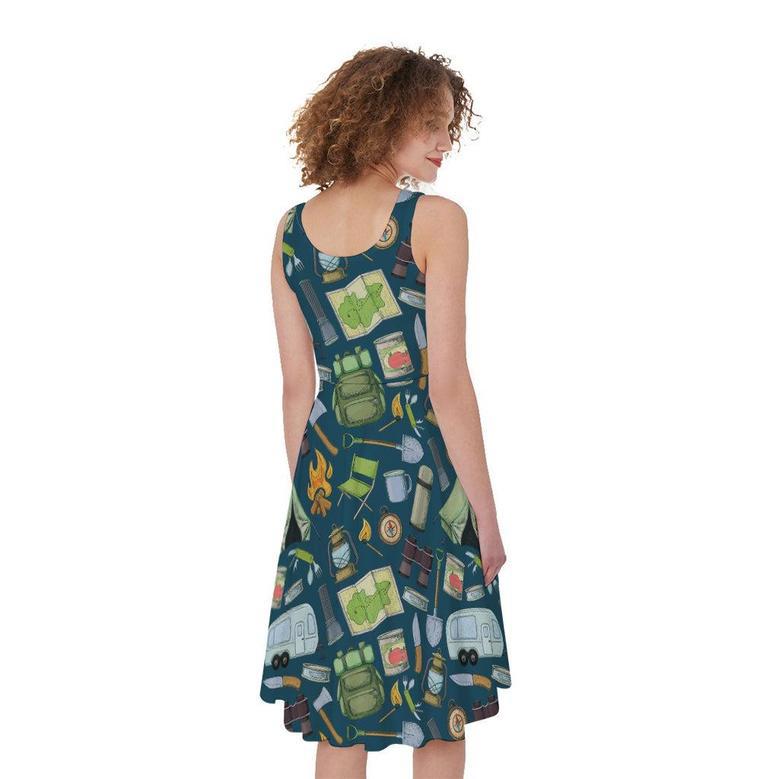 Camping Equipment Pattern Print Sleeveless Knee Length Dress