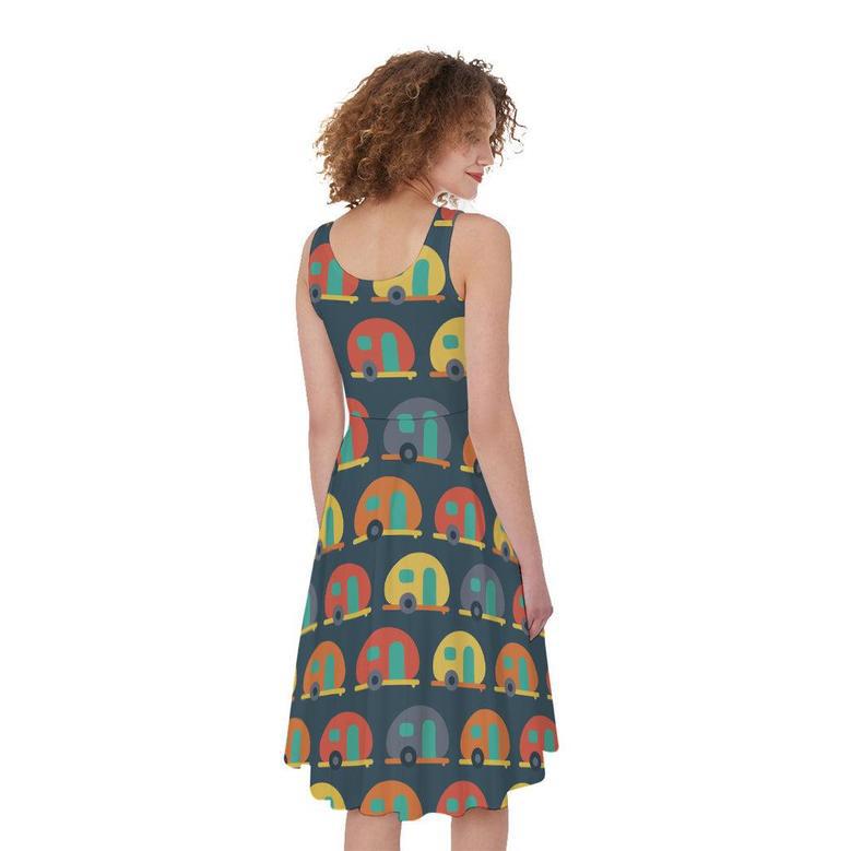 Camping Van Pattern Print Sleeveless Knee Length Dress