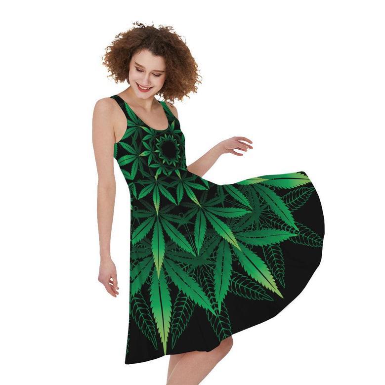 Cannabis Leaf Mandala Print Sleeveless Knee Length Dress