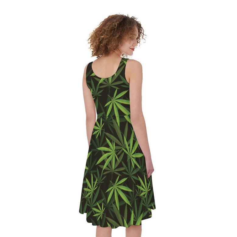 Cannabis Leaves Pattern Print Sleeveless Knee Length Dress