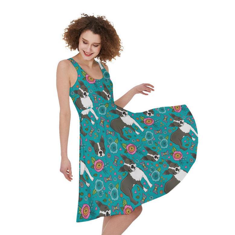 Cartoon Boston Terrier Flower Print Sleeveless Knee Length Dress