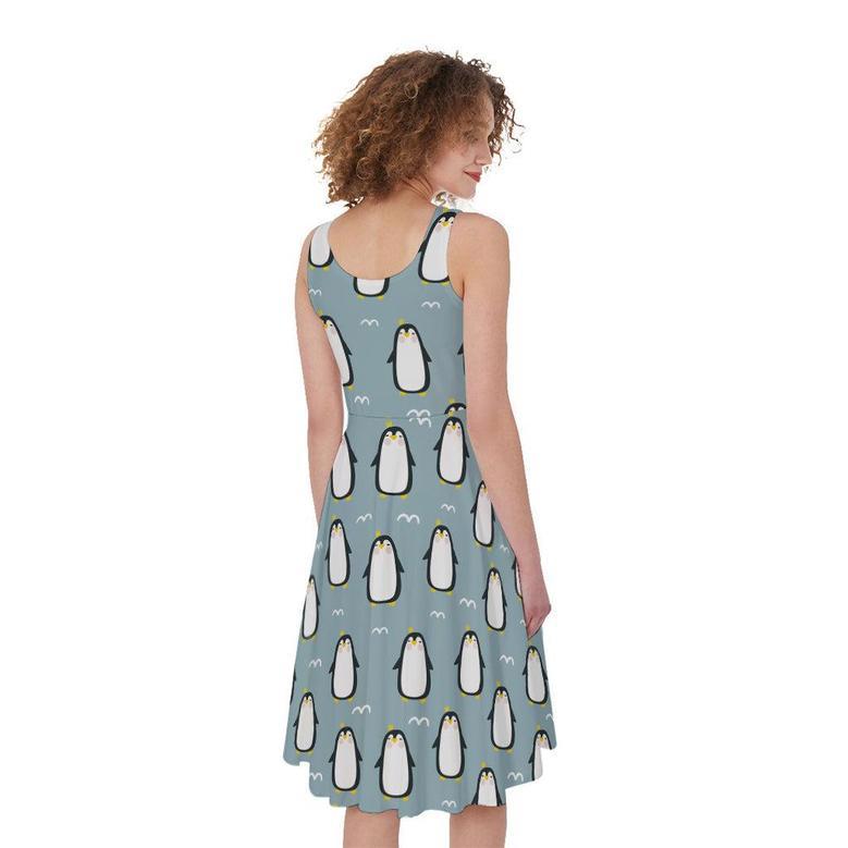 Cartoon Emperor Penguin Pattern Print Sleeveless Knee Length Dress