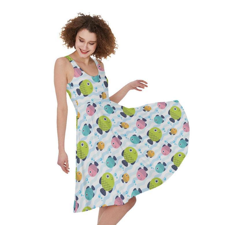 Cartoon Fish Pattern Print Sleeveless Knee Length Dress