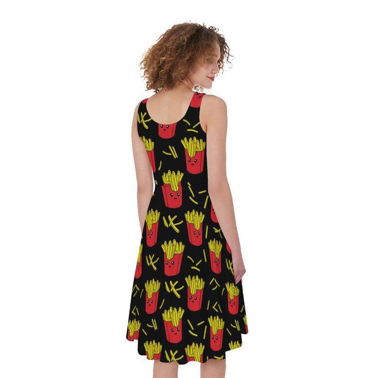 Cartoon French Fries Pattern Print Sleeveless Knee Length Dress