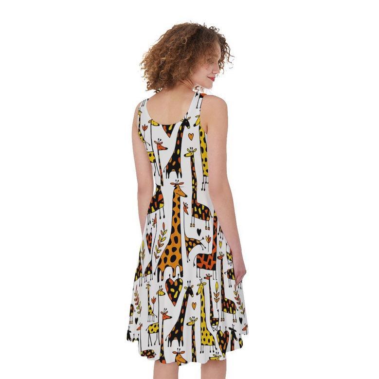 Cartoon Giraffe Pattern Print Sleeveless Knee Length Dress