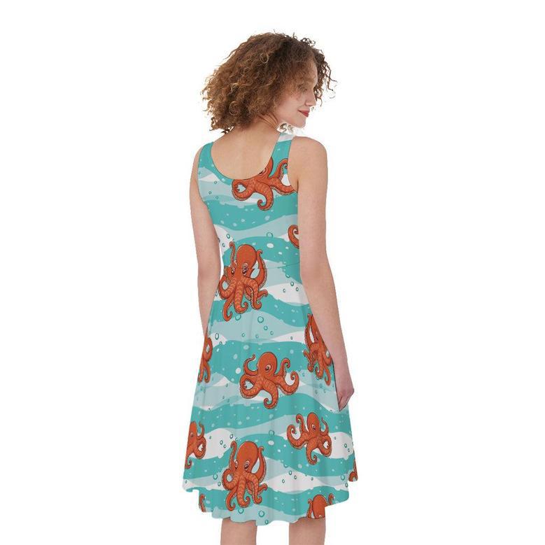 Cartoon Octopus Pattern Print Sleeveless Knee Length Dress