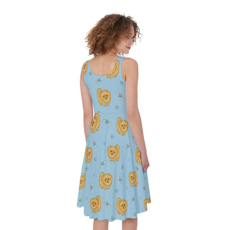 Cartoon Pomeranian Pattern Print Sleeveless Knee Length Dress