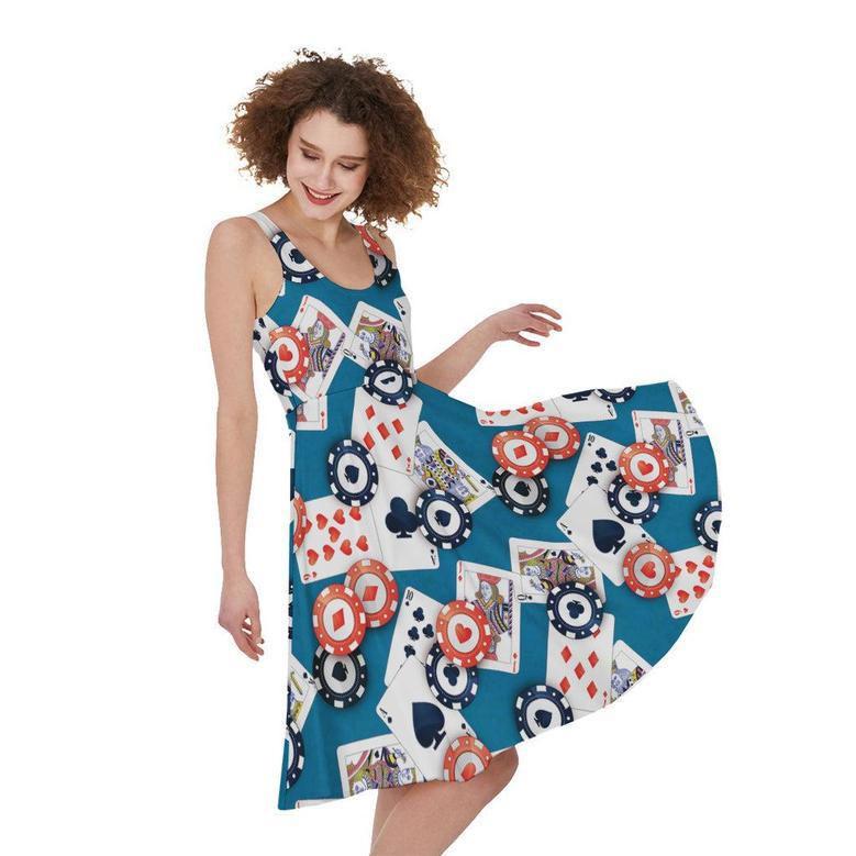 Casino Poker Pattern Print Sleeveless Knee Length Dress