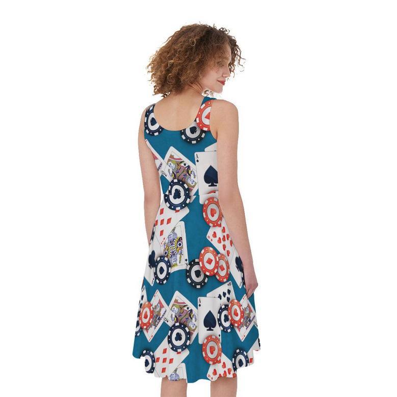 Casino Poker Pattern Print Sleeveless Knee Length Dress