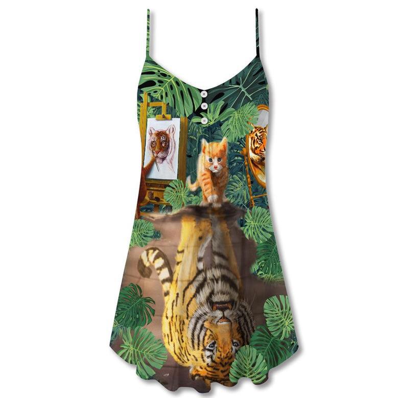 Cat And Tiger With Tropical Leaf - V-Neck Sleeveless Cami Dress