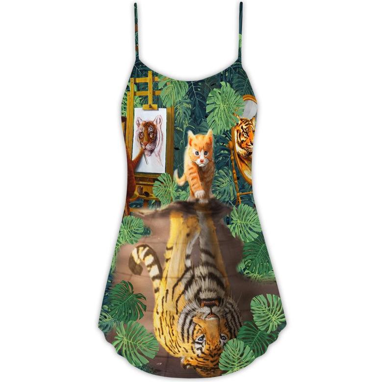 Cat And Tiger With Tropical Leaf - V-Neck Sleeveless Cami Dress