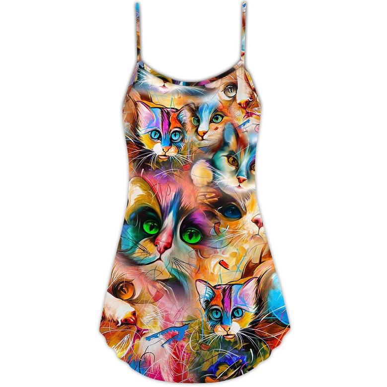 Cat Art Lover Cat Colorful Mixer Style - V-Neck Sleeveless Cami Dress