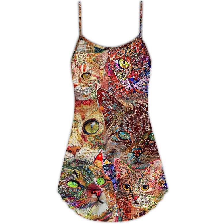 Cat Art Lover Cat Colorful - V-Neck Sleeveless Cami Dress