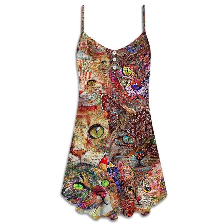 Cat Art Lover Cat Colorful - V-Neck Sleeveless Cami Dress