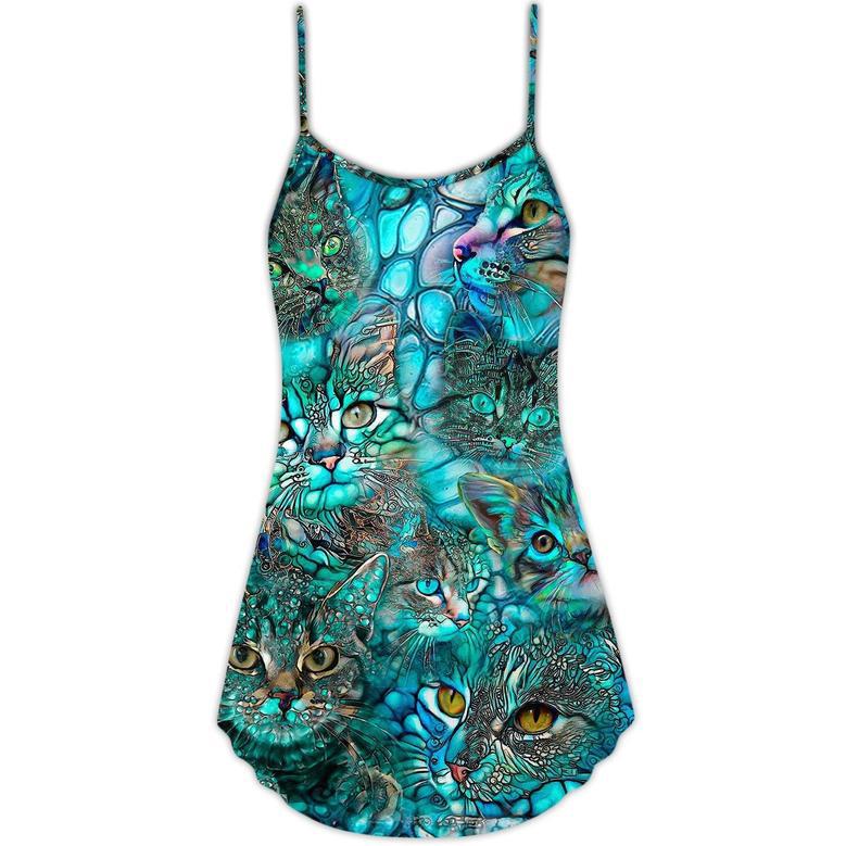 Cat Blue Art Lover Cat Colorful Style - V-Neck Sleeveless Cami Dress