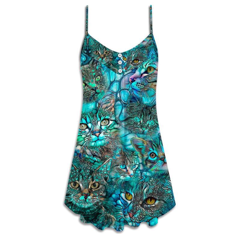 Cat Blue Art Lover Cat Colorful Style - V-Neck Sleeveless Cami Dress