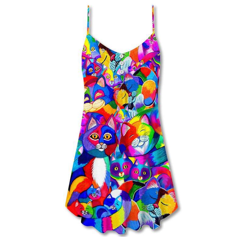 Cat Colorfull Rainbow Style - V-Neck Sleeveless Cami Dress