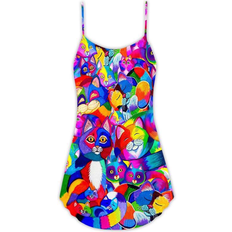 Cat Colorfull Rainbow Style - V-Neck Sleeveless Cami Dress