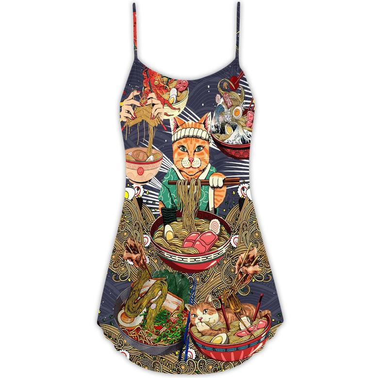 Cat Eating Ramen Lovely - V-Neck Sleeveless Cami Dress