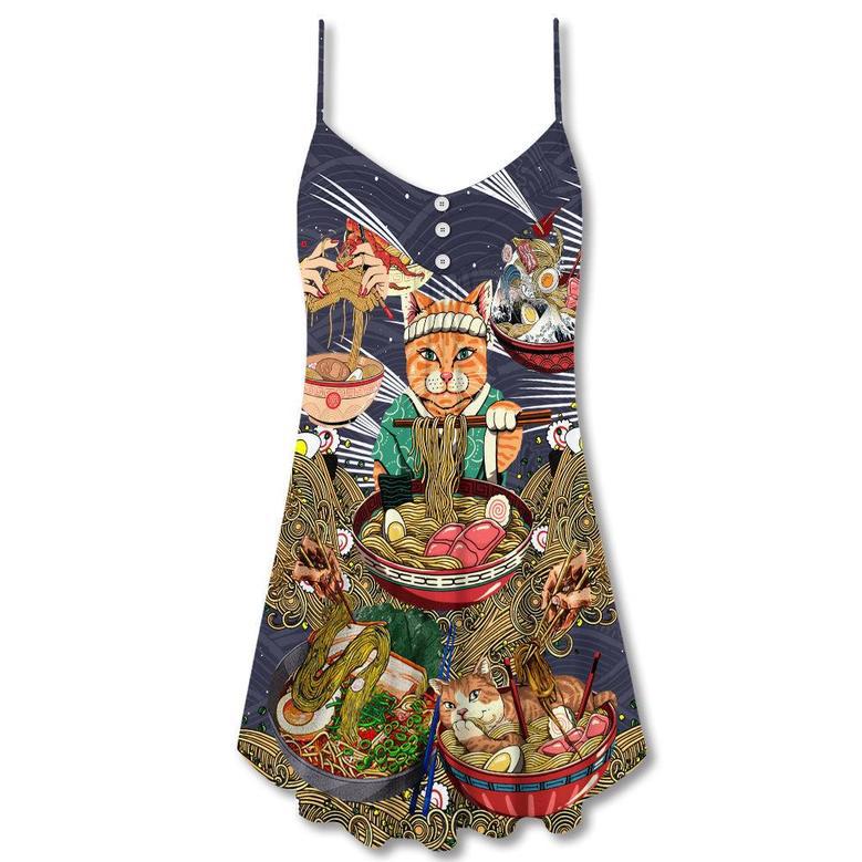 Cat Eating Ramen Lovely - V-Neck Sleeveless Cami Dress