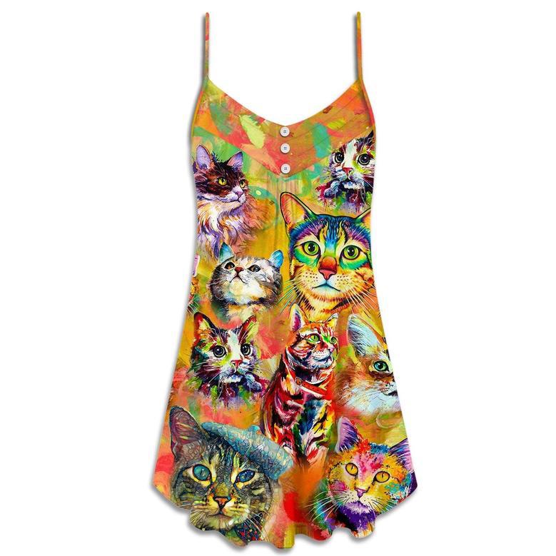 Cat Funny Lover Cat Colorful Painting Art Style - V-Neck Sleeveless Cami Dress