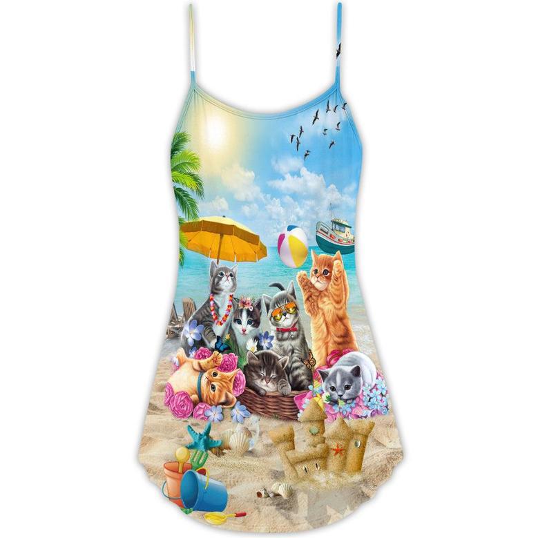 Cat Happy Love Beach Sunshine - V-Neck Sleeveless Cami Dress