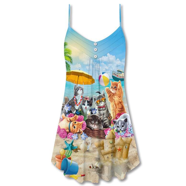 Cat Happy Love Beach Sunshine - V-Neck Sleeveless Cami Dress