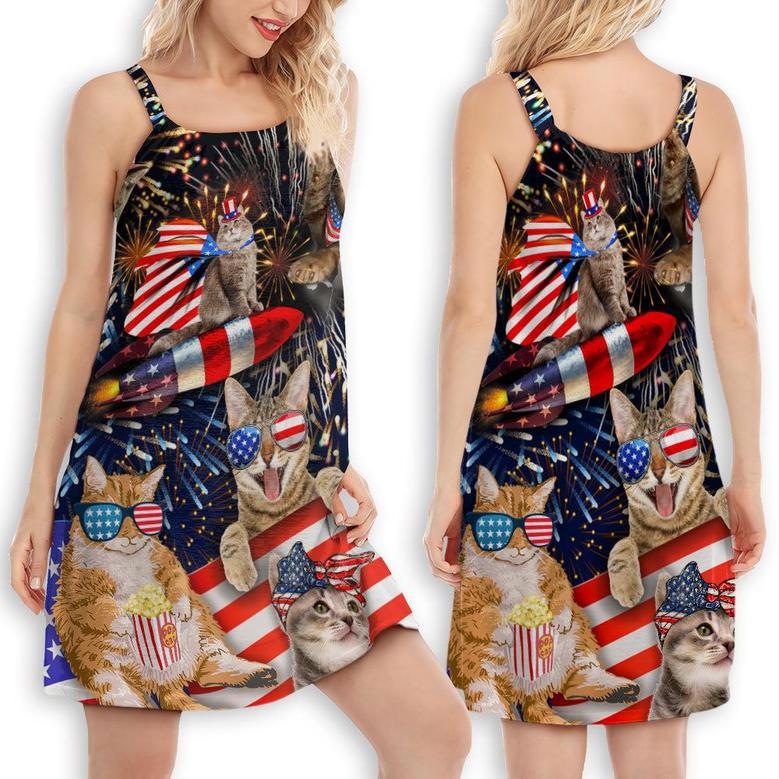 Cat Independence Day Happy Firework - Women's Sleeveless Cami Dress