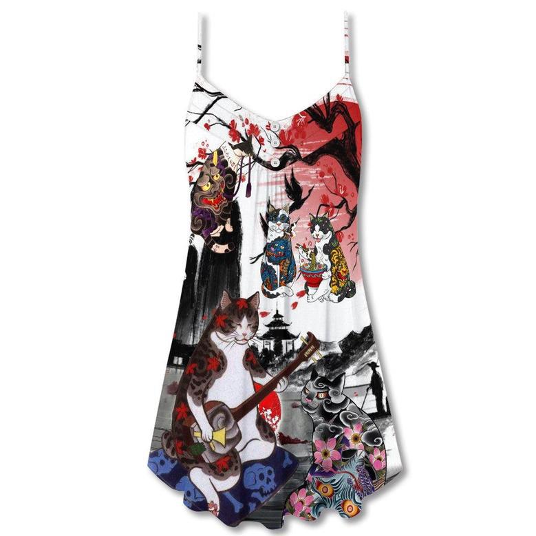 Cat Japanese Art Style - V-Neck Sleeveless Cami Dress