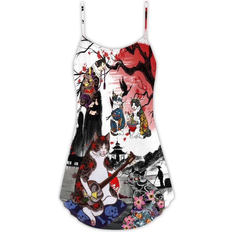 Cat Japanese Art Style - V-Neck Sleeveless Cami Dress