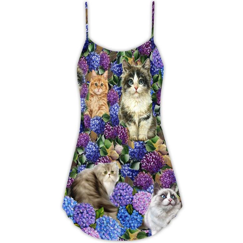 Cat Lovely And Purple Flowers - V-Neck Sleeveless Cami Dress