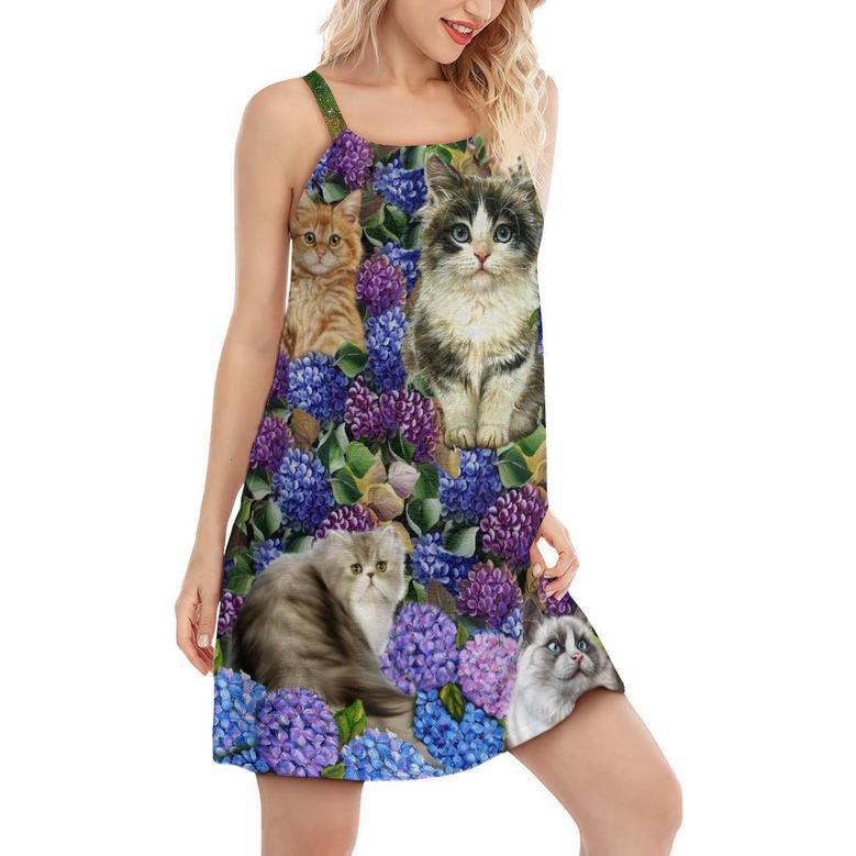 Cat Lovely And Purple Flowers - Women's Sleeveless Cami Dress