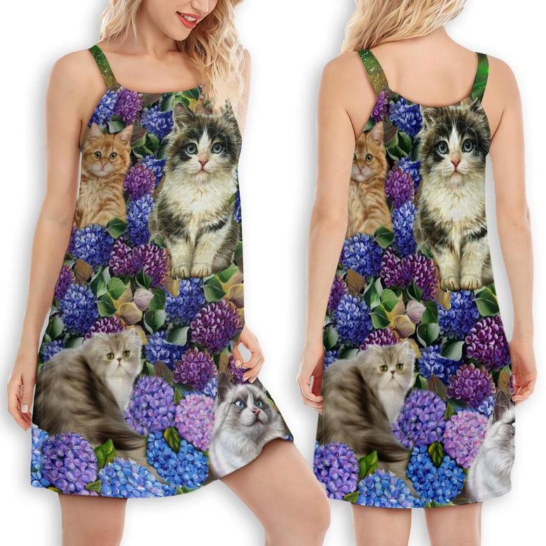 Cat Lovely And Purple Flowers - Women's Sleeveless Cami Dress