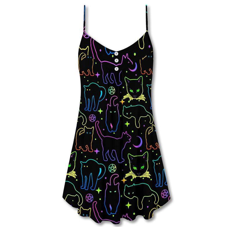 Cat Neon Colorful Playing With Kitten Magical - V-Neck Sleeveless Cami Dress