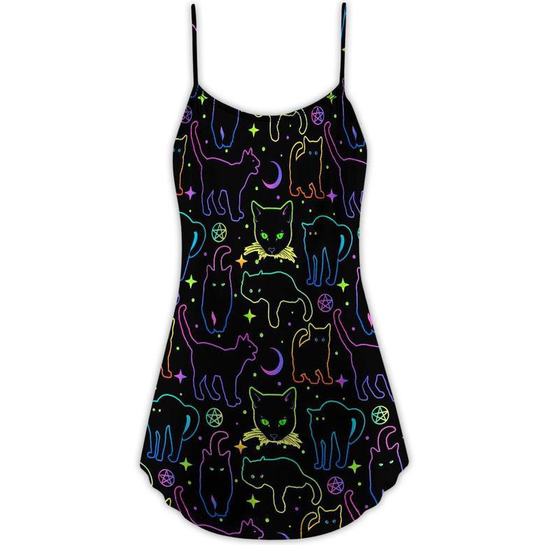 Cat Neon Colorful Playing With Kitten Magical - V-Neck Sleeveless Cami Dress