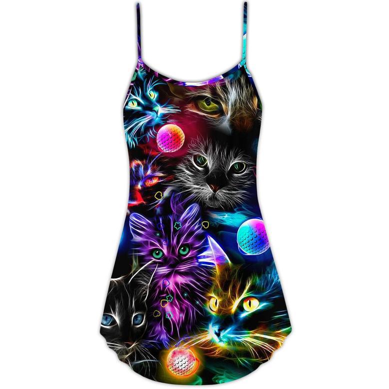 Cat Play Golf Neon Lightning Colorful Style - V-Neck Sleeveless Cami Dress