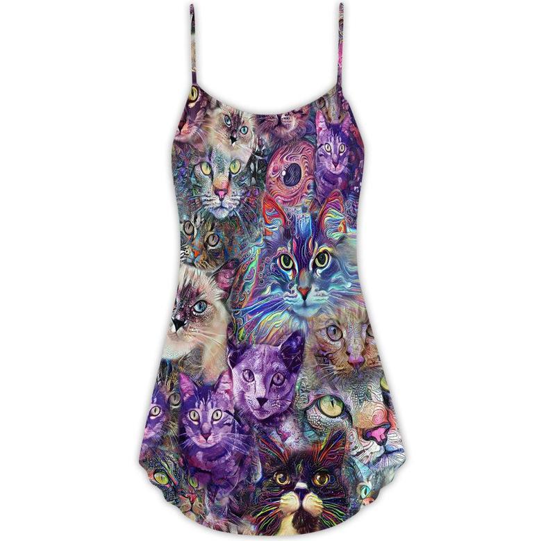 Cat Psychedelic Purple Style - V-Neck Sleeveless Cami Dress