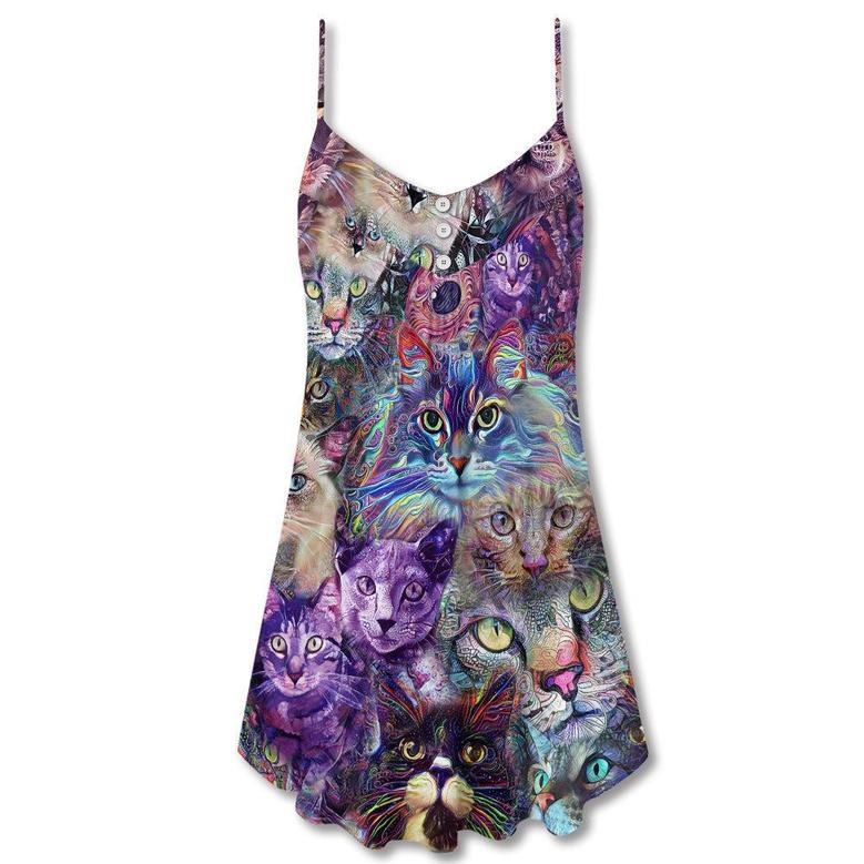 Cat Psychedelic Purple Style - V-Neck Sleeveless Cami Dress