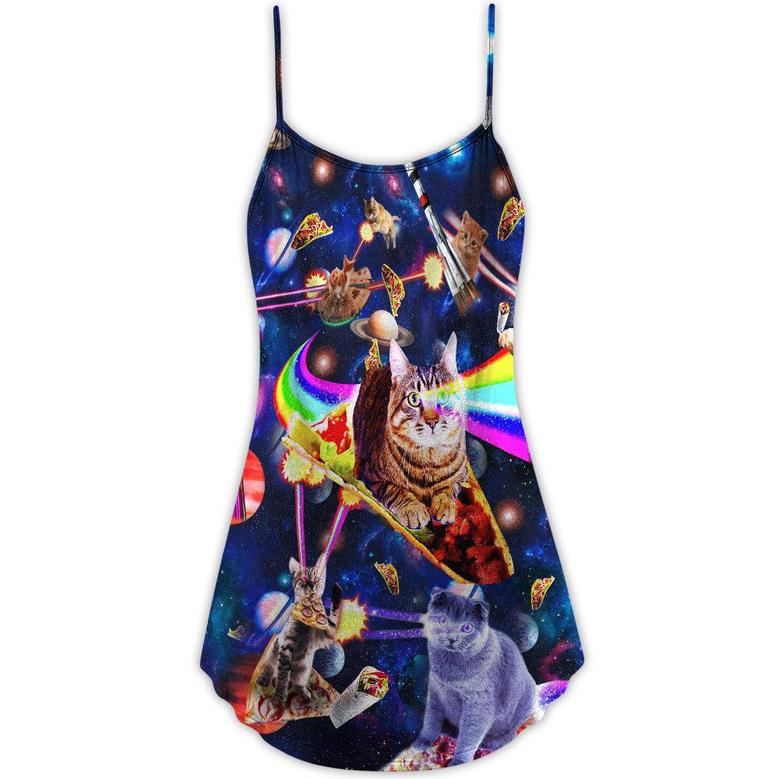 Cat Ride Food In Space Galaxy - V-Neck Sleeveless Cami Dress