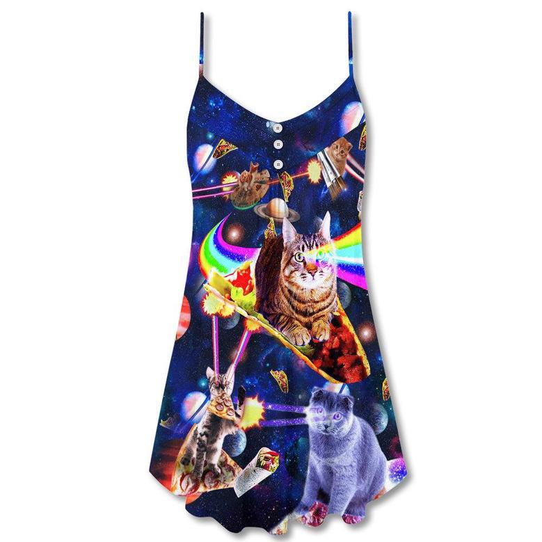 Cat Ride Food In Space Galaxy - V-Neck Sleeveless Cami Dress