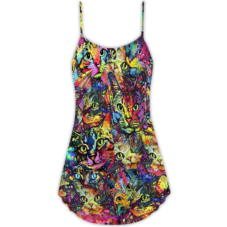 Cat Smile Colorful Style - V-Neck Sleeveless Cami Dress